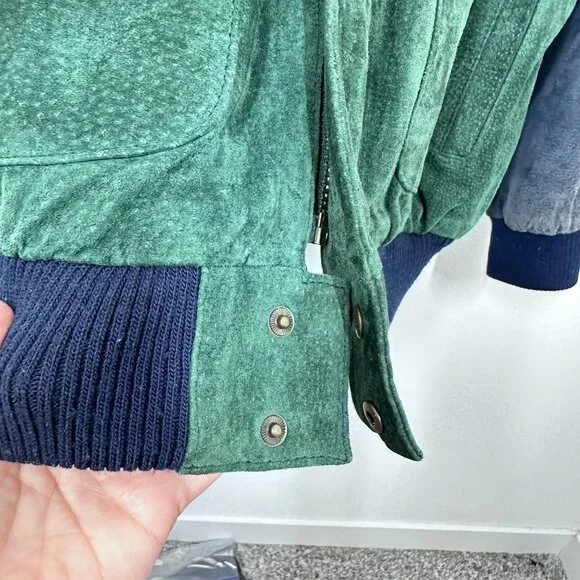 Green & Blue Suede Leather Bomber Jacket 80s Vintage Copper Key Size Medium - Picture 8 of 12